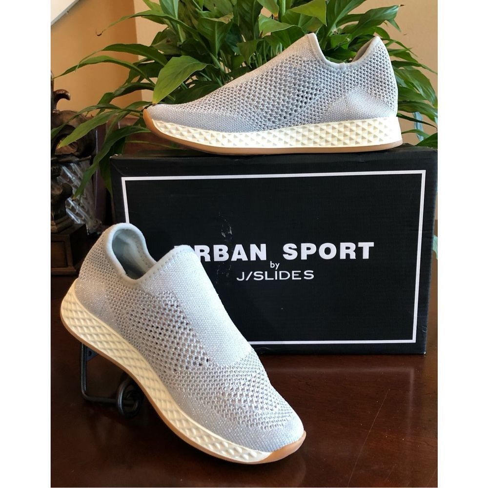 J/SLIDES URBEN SPORT - L Sz 6 - Silver Metallic Knit “Tiger M” Sneakers. NWTIB!